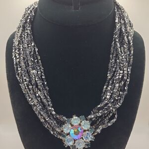 Vintage Silver Multi-Strand Necklace with Blue Floral Accent - Reversible